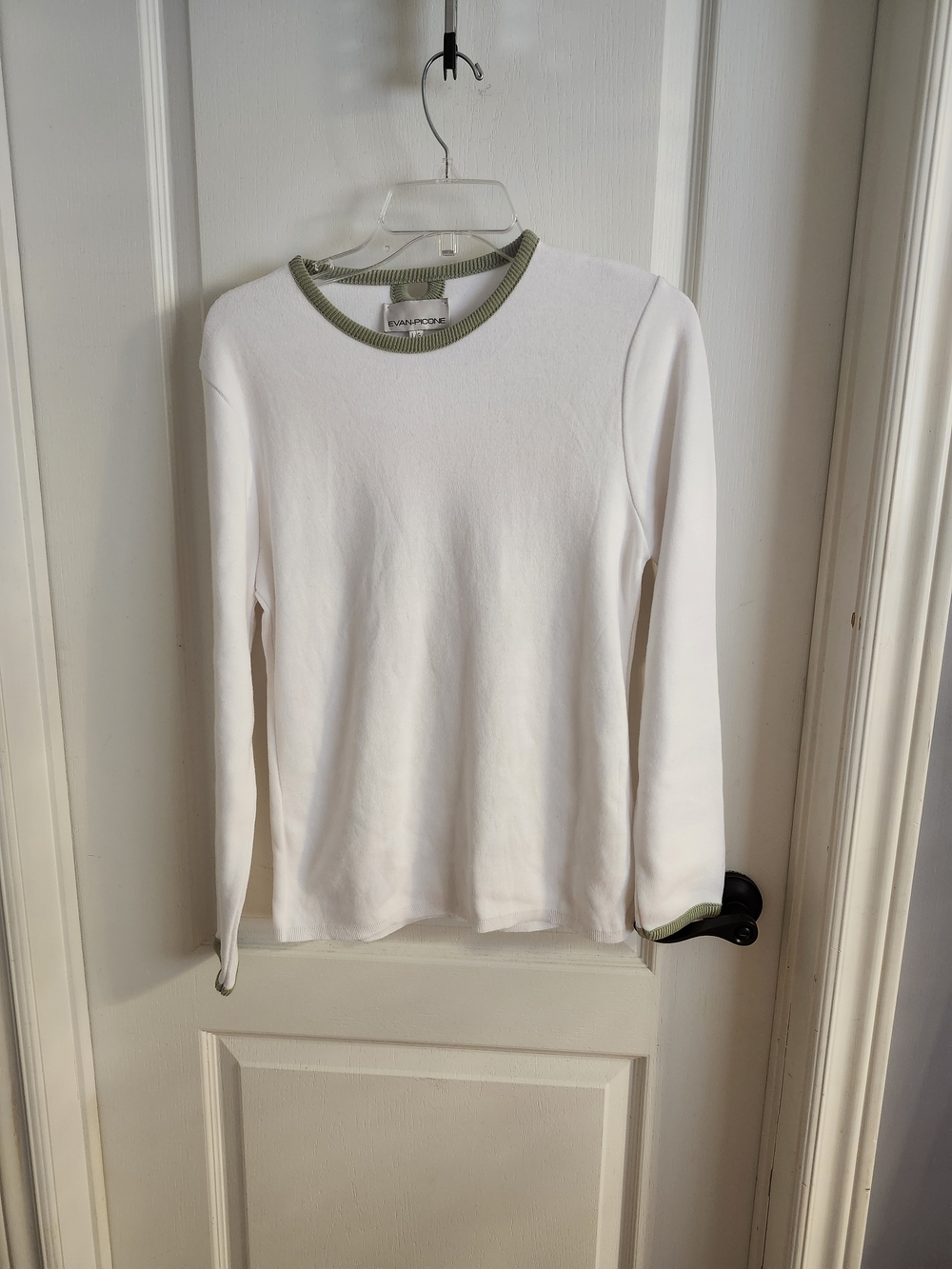White Long Sleeve Top with Olive Trim